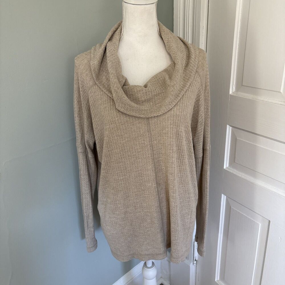 Women's Large Lucky Brand Cowl‎ Neck Thermal Sweater Long Sleeve Top Beige